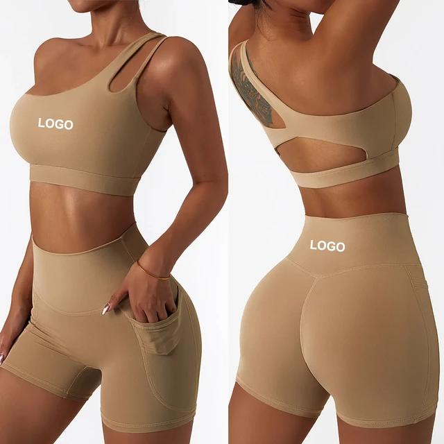 Custom LOGO Quality One Shoulder Women Short Set Sports & fitness Yoga Gym  Wear Yoga Legging Short Set for Women with Pocket - AliExpress