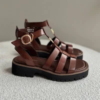 BeauToday gladiateur sandales femmes en cuir véritable bout rond cheville boucle en métal plate-forme été dames chaussures à la main 38215 4