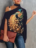 Plus Size Sexy Halter Loose Blouse Tops Women's Elegant Print Off Shoulder Batwing Sleeve Pullover Shirt 2023 Summer Fashion Str - Image 5
