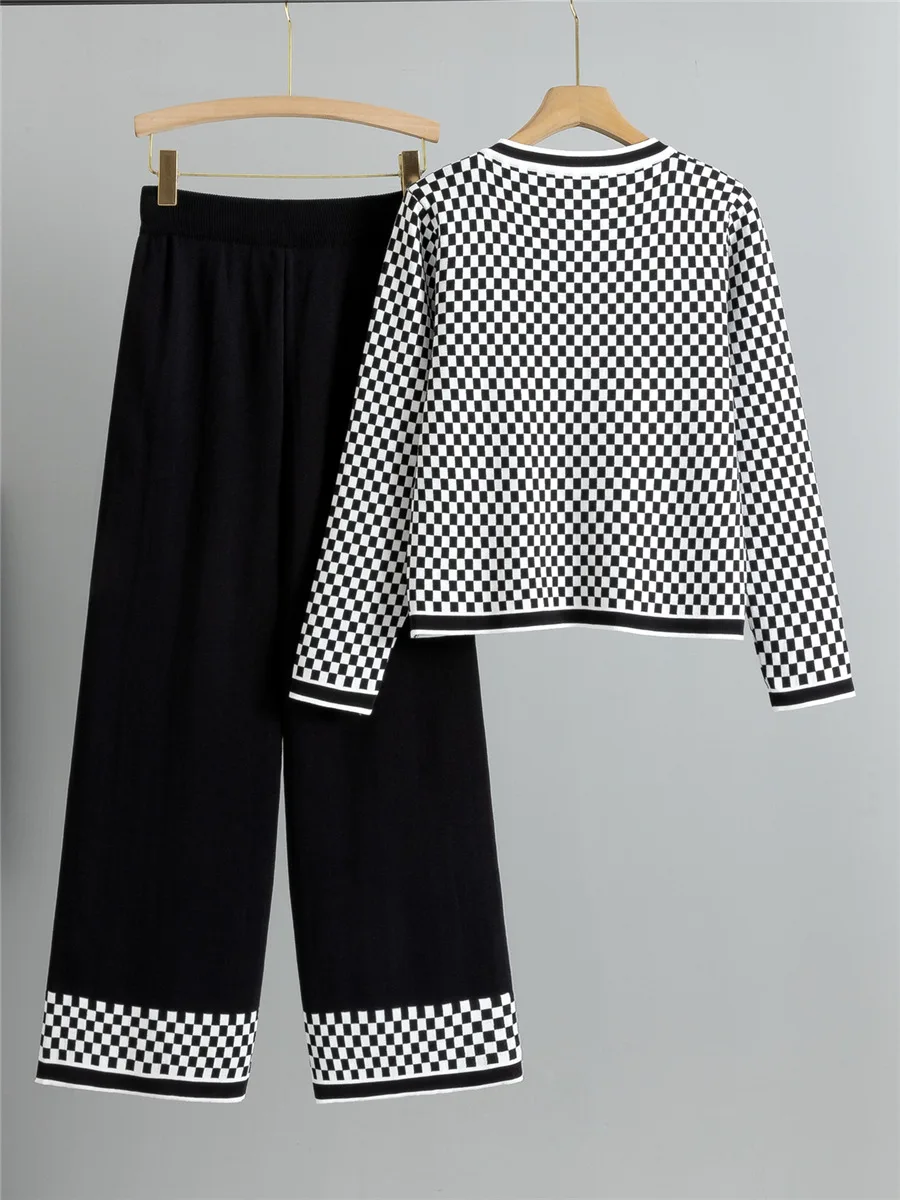Knitted design two-piece sets for women, one-shoulder knitted sweater top, high-waisted wide-leg pants outfit.
