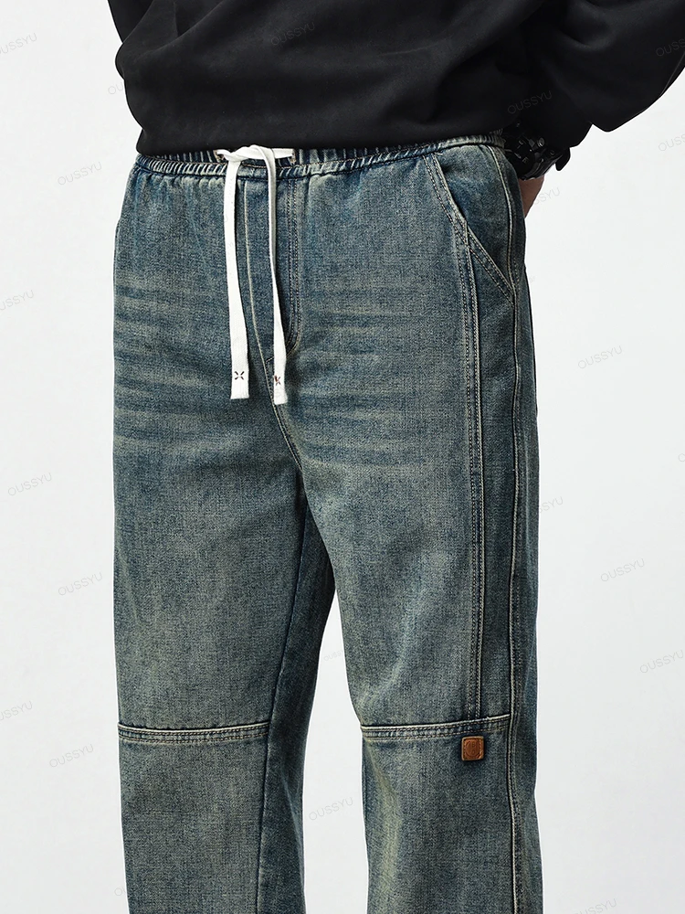 Autumn Winter Retro Blue Jeans Men Cotton Straight Pants Elastic Waist Thick Casual Trousers Male Large Size 4XL Brand Clothing 5