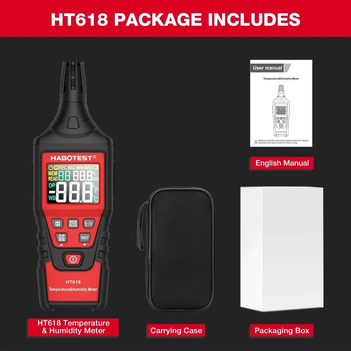 HABOTEST HT618 פסיכרומטר דיגיטלי טרמומטר היגרומטר עם תאורה אחורית מד טמפרטורה ולחות עם נקודת התקדמות