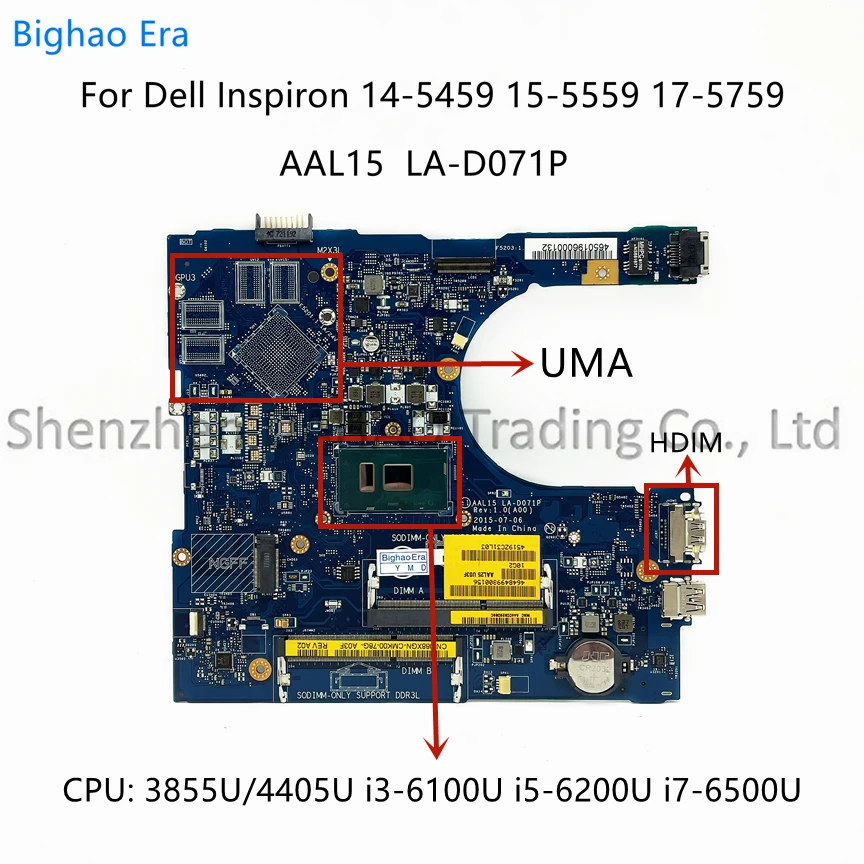 para Dell Inspiron 5459 17 155559-5759 Laptop Motherboard Aal15 I56200u La-d071p com 3855u i3 i7 Cpu Cn088xgn 0pw46v 0fv59d