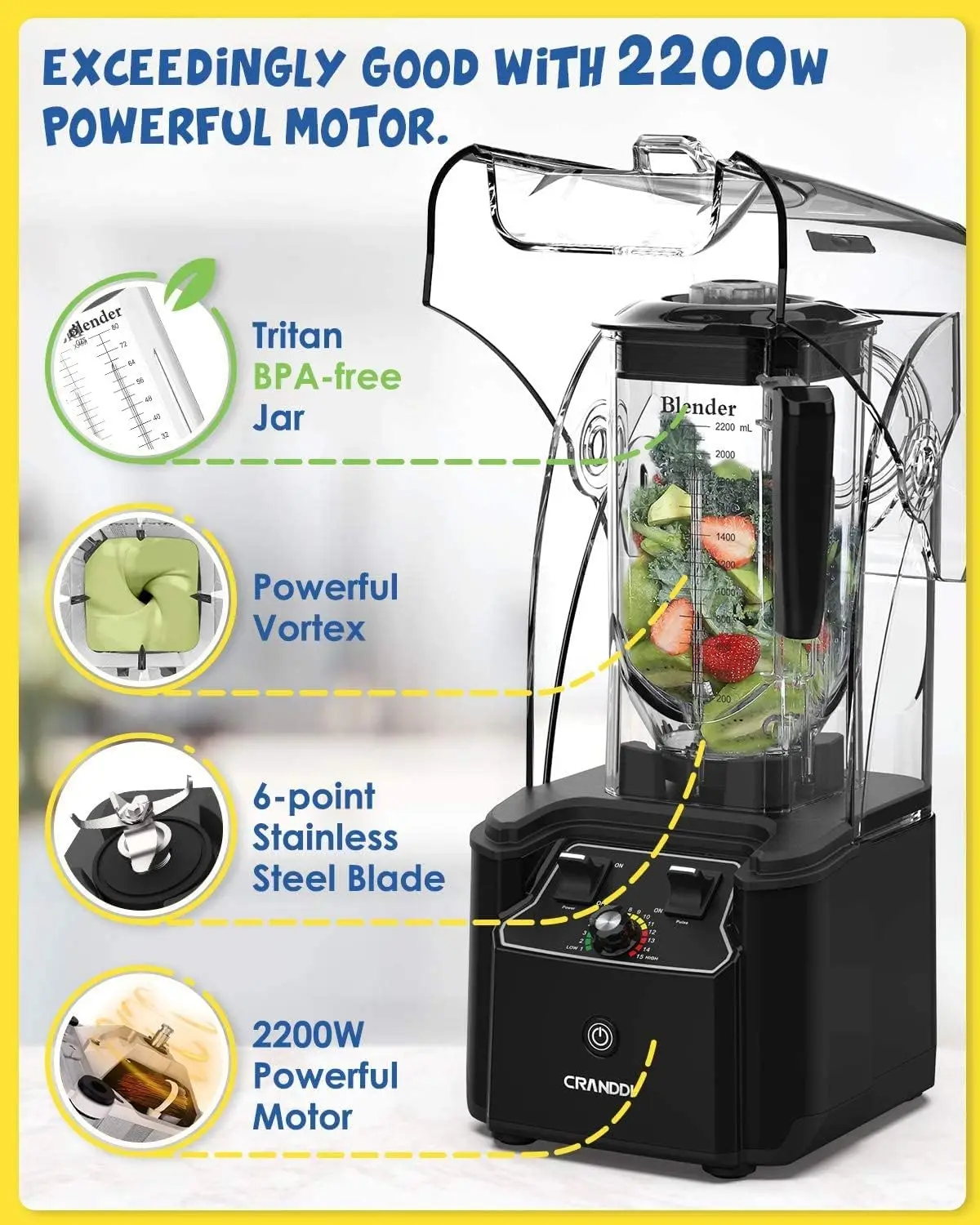 Commercial Blender with Soundproof Shield, 2200 Watt Professional Blenders for Kitchen with 80oz Jar and Self- 6