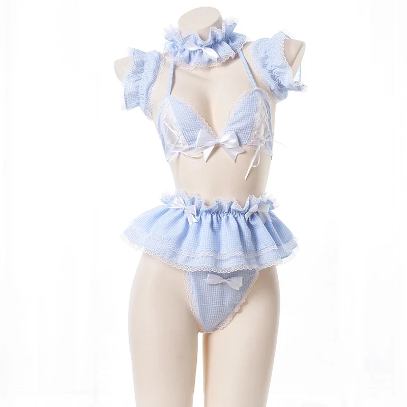 Anime Maid Cosplay Costume Pink Lace Bra PantiesMini Skirt Outfits Cute Lolita Uniform Student Role Play Sexy Lingerie