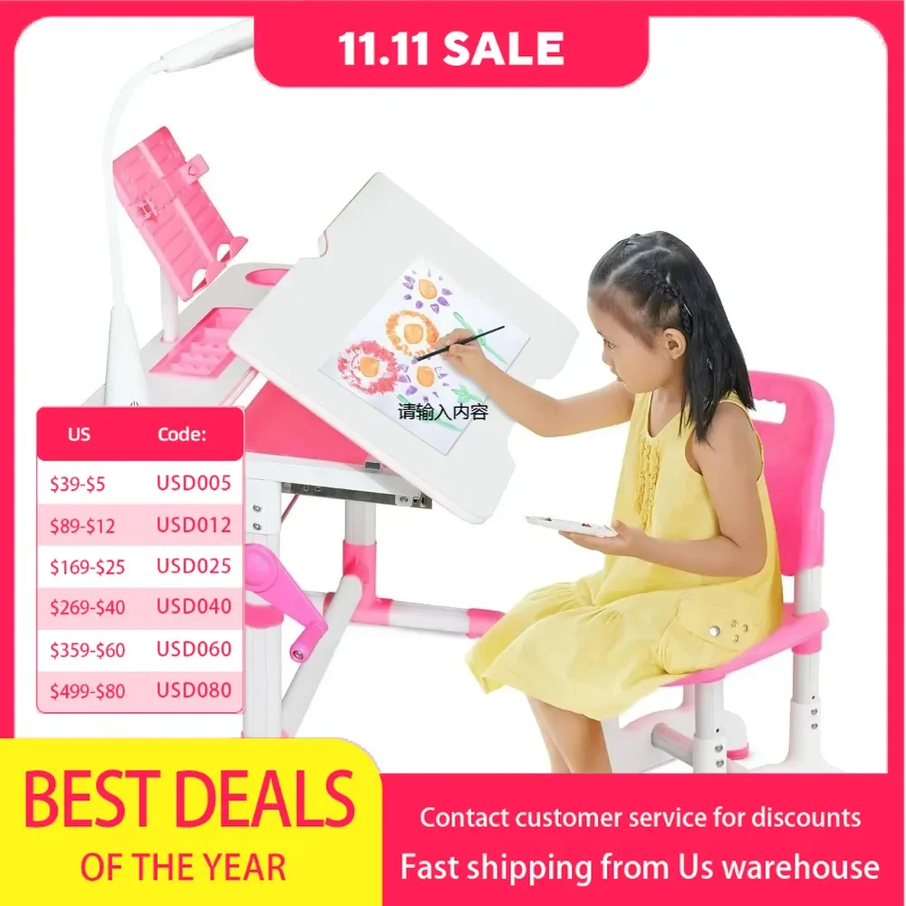 Kids Desk and Chair Set for Ages 4-12, Children's Study Table, Student School Desks with Lamp, Pencil Case, and Bookstand