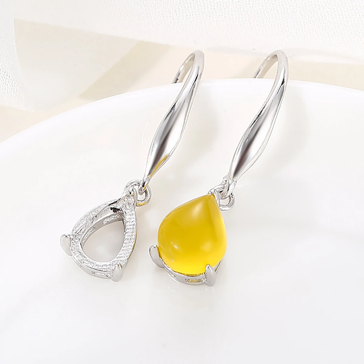 S925 Silver Blank Dangle Earring Bezel Tray Droplet Shape Settings 6X8/7X9/8X10mm Cabochon Earring Base DIY Jewelry Finding