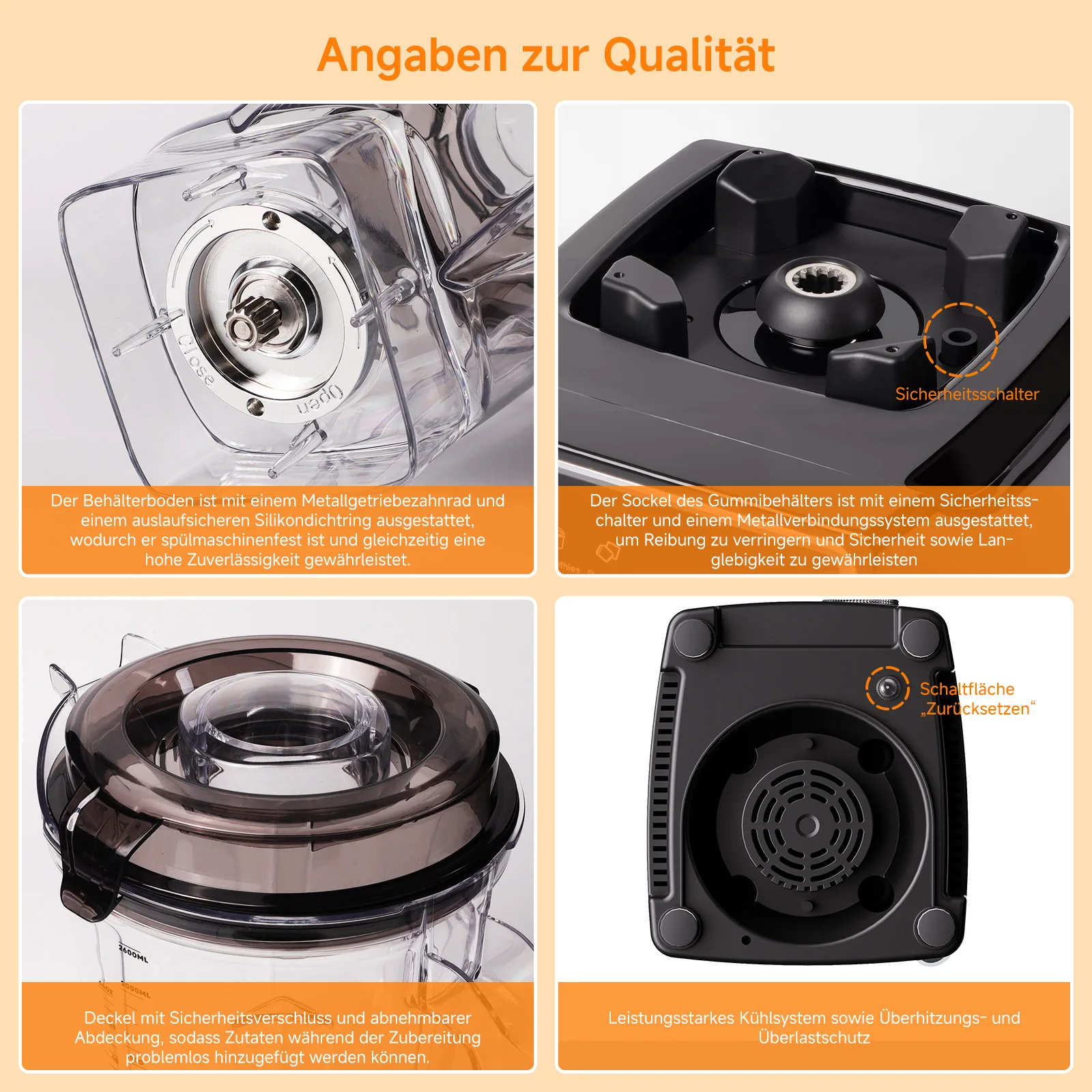 BioloMix 1500 W professioneller Mixer mit 2,6 l BPA-freiem Glas, 6 Klingen, 7 voreingestellte Programme für Smoothies, Shakes, Nussmilch – Detail 8