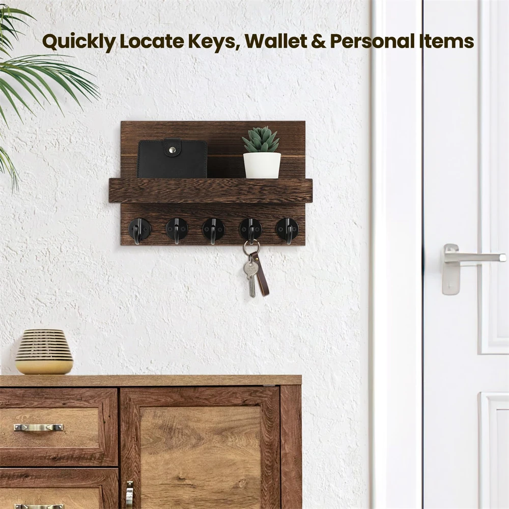 Wood Key Holder with Shelf Wall Decor Floating Shelf with Hooks Holds Key Rings Dog Leash Wallet Purse for Entryway Living Room 2