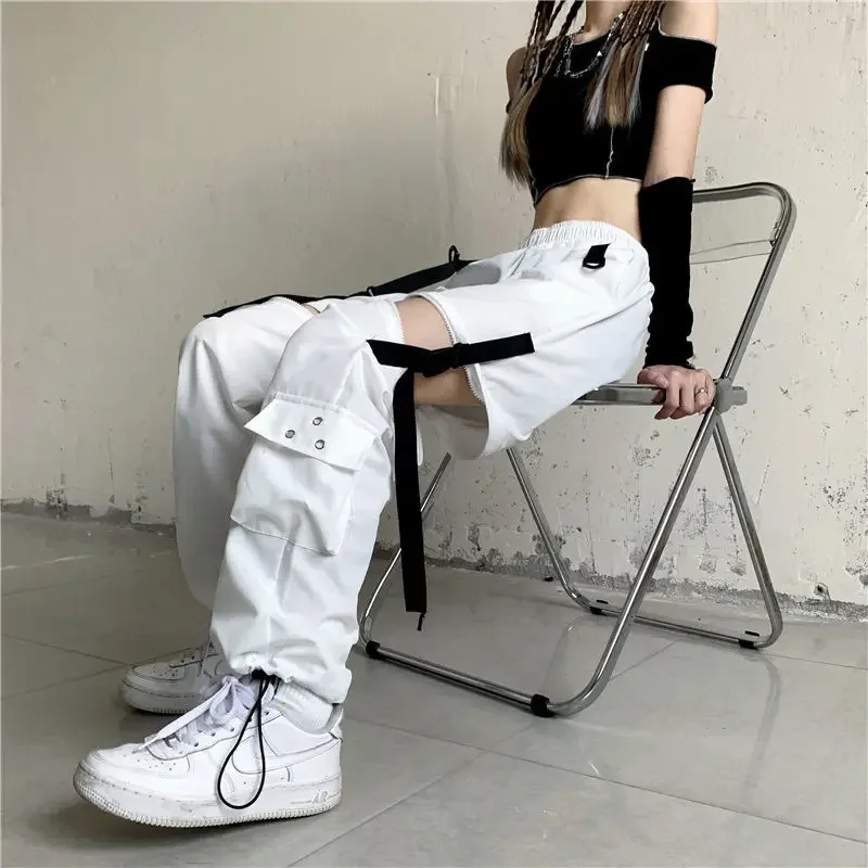 Harajuku Streetwear White Cargo Pants Goth Y2k Loose Women Gothic High Waist Trousers Casual Removable Pants Overalls Korean New