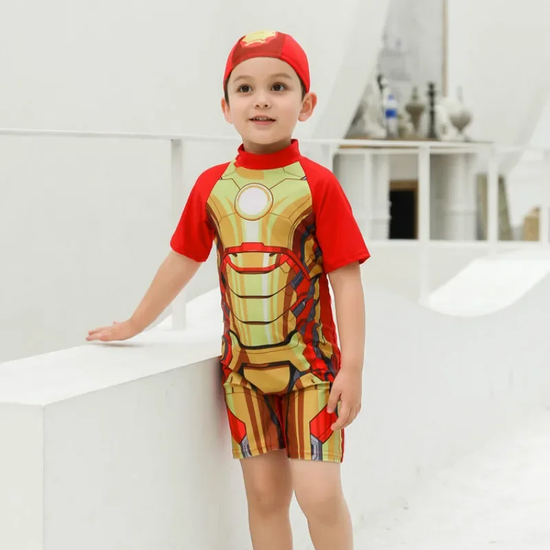 Baby Boys One Piece Swimsuit Hats 2 Pcs Set Swimwear Cartoon Spiderman Suit Boys Captain America Kids Girl Sport Baby Beachwear kids swimsuits