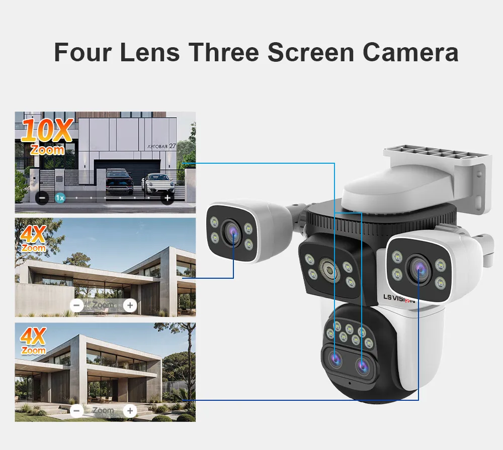 20MP WiFi Security Cameras 10X Zoom Three Screen Four Lens CCTV PTZ Auto Trackin