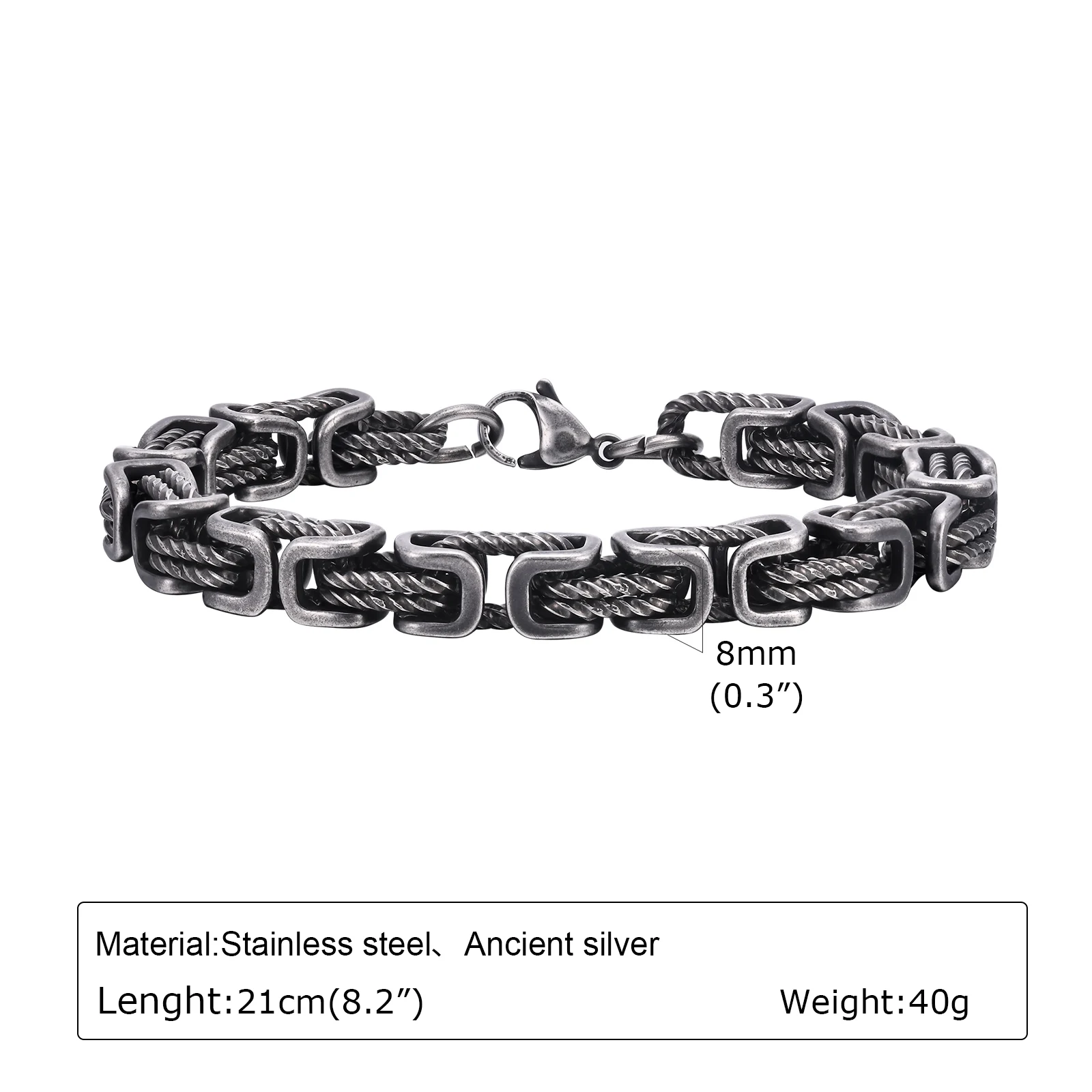 8mm Vintage Byzantine Bracelets for Men Oxidized Bold Square Links Chain Wristband Viking Punk Father's Day Gift to Dad