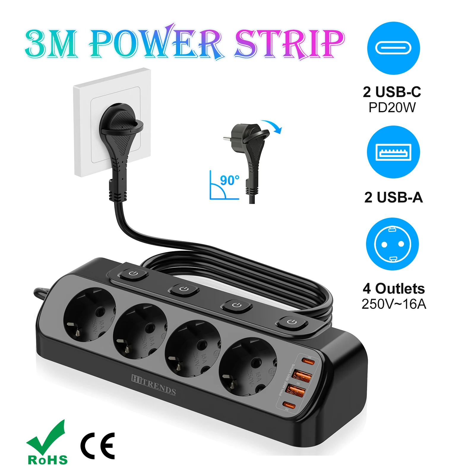 flat plug 90-degree desktop power strip with 4 AC outlets 2 USB 2 Type C PD20W fast charge EU power socket 3m cable for home 1