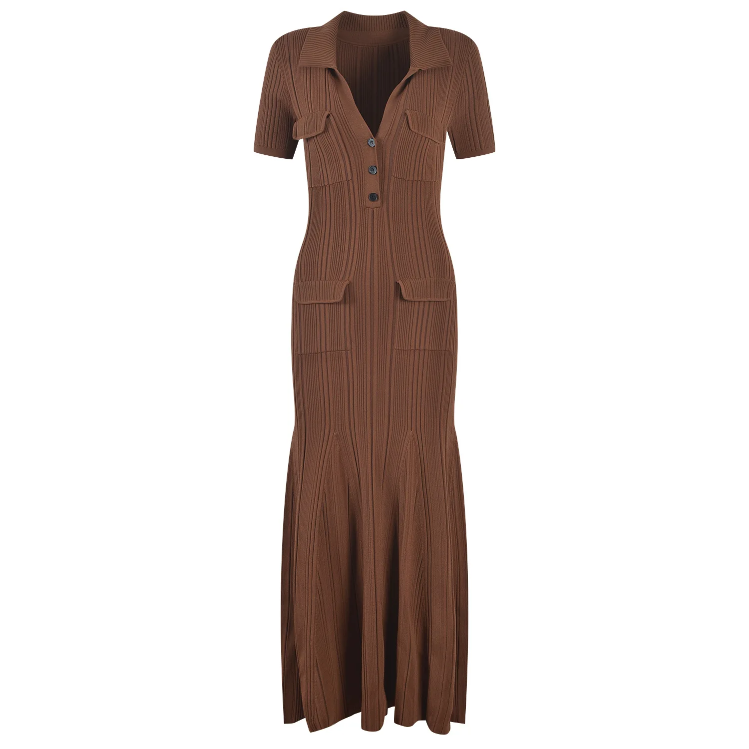 

2023 New Summer Short Sleeve Maxi Long Brown Knitted Vinatge Women Dress High Quality