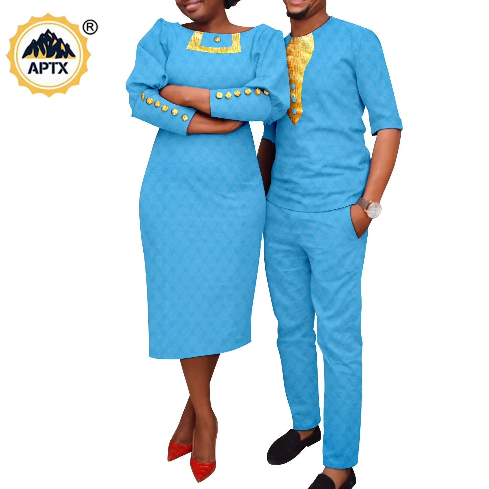 

Matching Couple Outfits Dashiki African Women Jacquard Button Dresses Bazin Riche Men Suits Kaftan Top and Pant Sets Y23C033