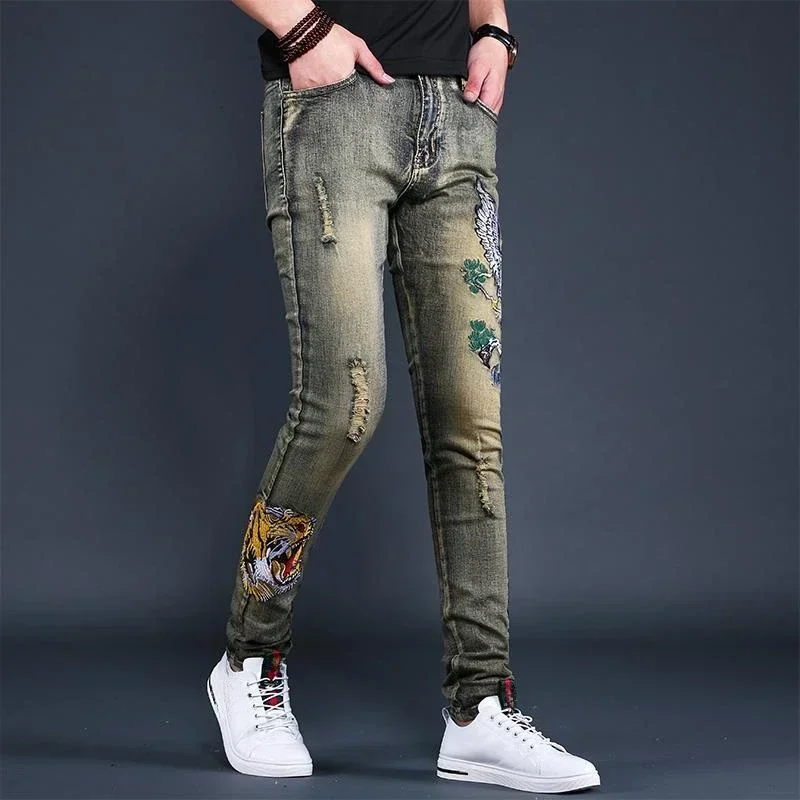 Man Cowboy Pants with Holes Torn Men's Jeans Ripped Trousers Broken Slim Fit Tight Pipe Vintage Embroidery Skinny Graphic Xs Y2k