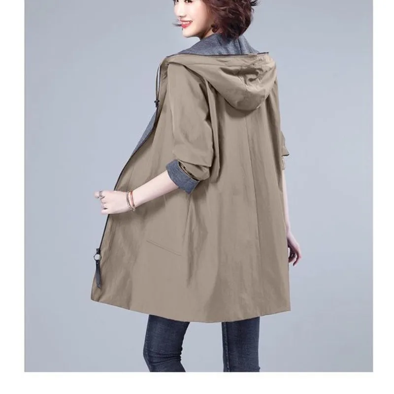 Autumn and Winter Women's Hooded Drawstring Pockets Zipper Midi Loose Solid Cardigan Fashion Casual Elegant Long Sleeve Tops