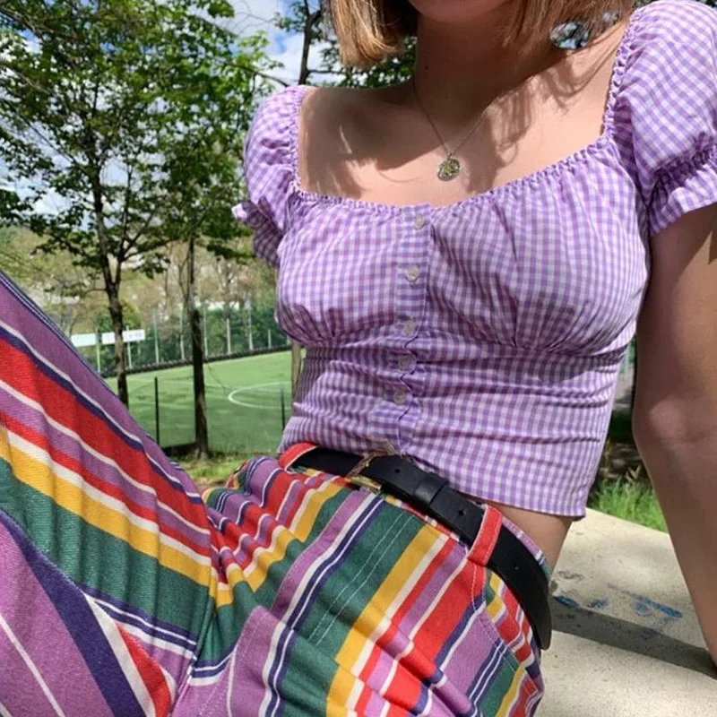 

2021 Summer Women Short Puff Sleeve Square Neck Tops Girls Korean Plaid Cute Button Tee Preppy Style Cropped Tops Sweet Purple