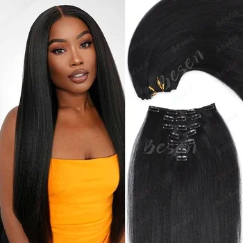 Synthetic Yaki Clip In Hair Extensions Yaki Straight 7Pcs/set 16Clip-In Hairpieces for Black Women Daily Use, Multiple Inches 1