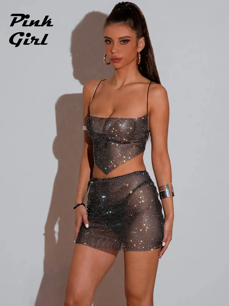 

Sexy See-through Mesh Glitter Skirt Suit Nightclub Outfits for Women Low Cut Crop Top Wrap Hip Miniskirt Party Rave 2 Piece Set