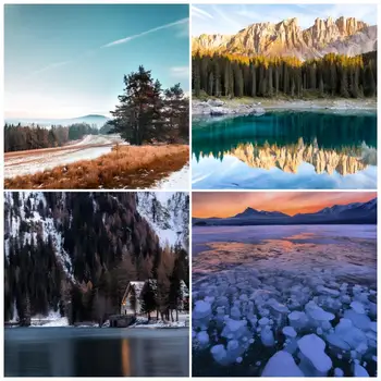 시베리안 풍경 숲 눈 호수 오두막 생일 파티 사진 배경 배너 장식, 베이비 샤워