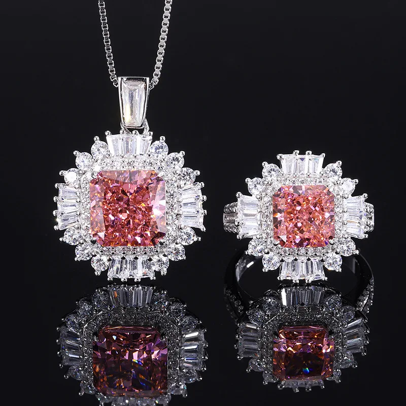 

Exquisite Beauty Champagne High Carbon Diamond Luxury Jewelry Set For Women 925 Sterling Silver Necklace Ring Free Shipping Gift