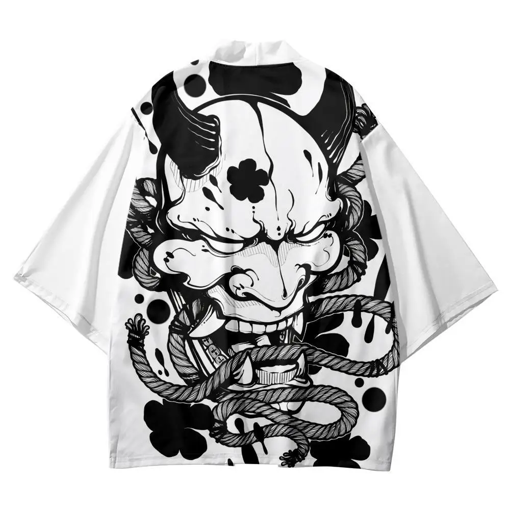 

Summer Casual Japanese Kimono Beach Shorts Cartoon Demon Line Printed White Streetwear Yukata Harajuku Cardigan