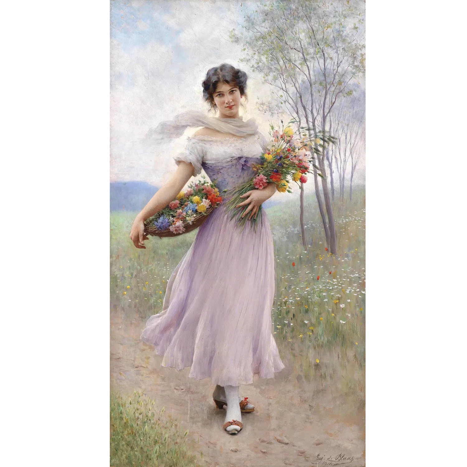 

Eugene de Blaas artworks,Girl in a Lilac-Coloured Dress with Bouquet of Flowers,Beauty oil painting,Academicism style Wall art