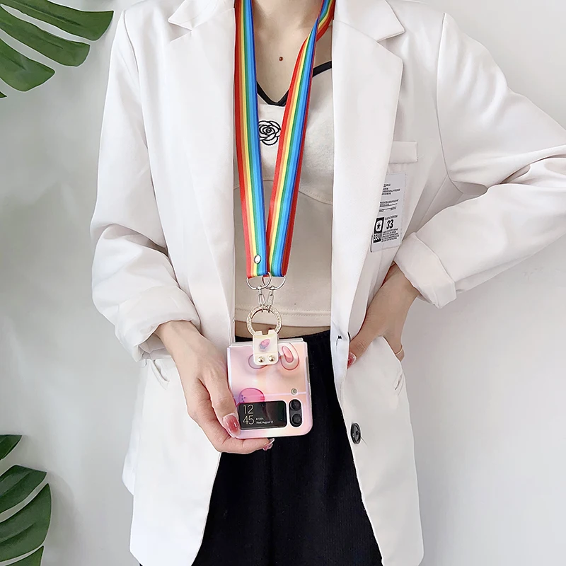 Custodia Per Samsung Galaxy Z Flip 4 Z Flip 3 Fai Da Te Blue Light 3D Rabbit Ring Rope Custodia Per Cellulare