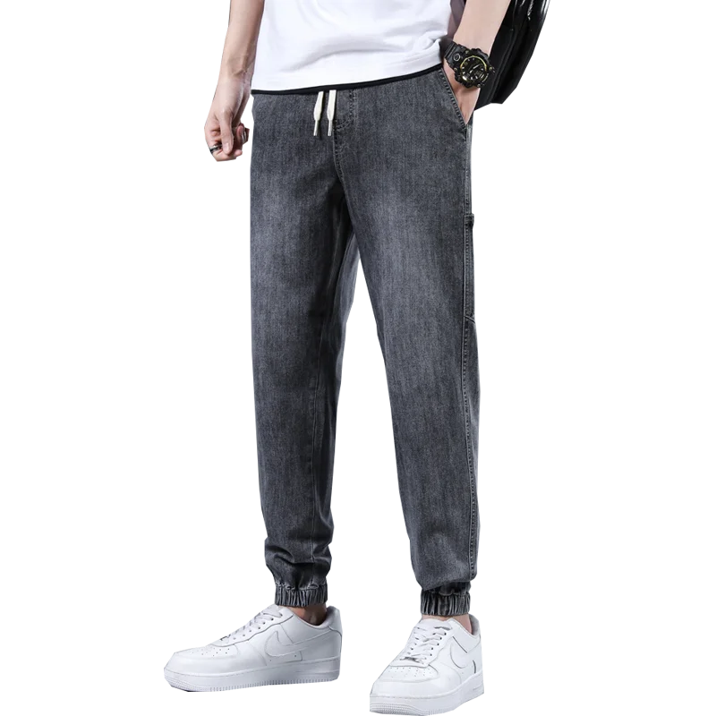 Men's 2023 Spring Summer Casual Slim Cotton Washed Jeans Baggy Drawstring Elastic Waist Denim Pants Hip Hop Streetwear Trousers
