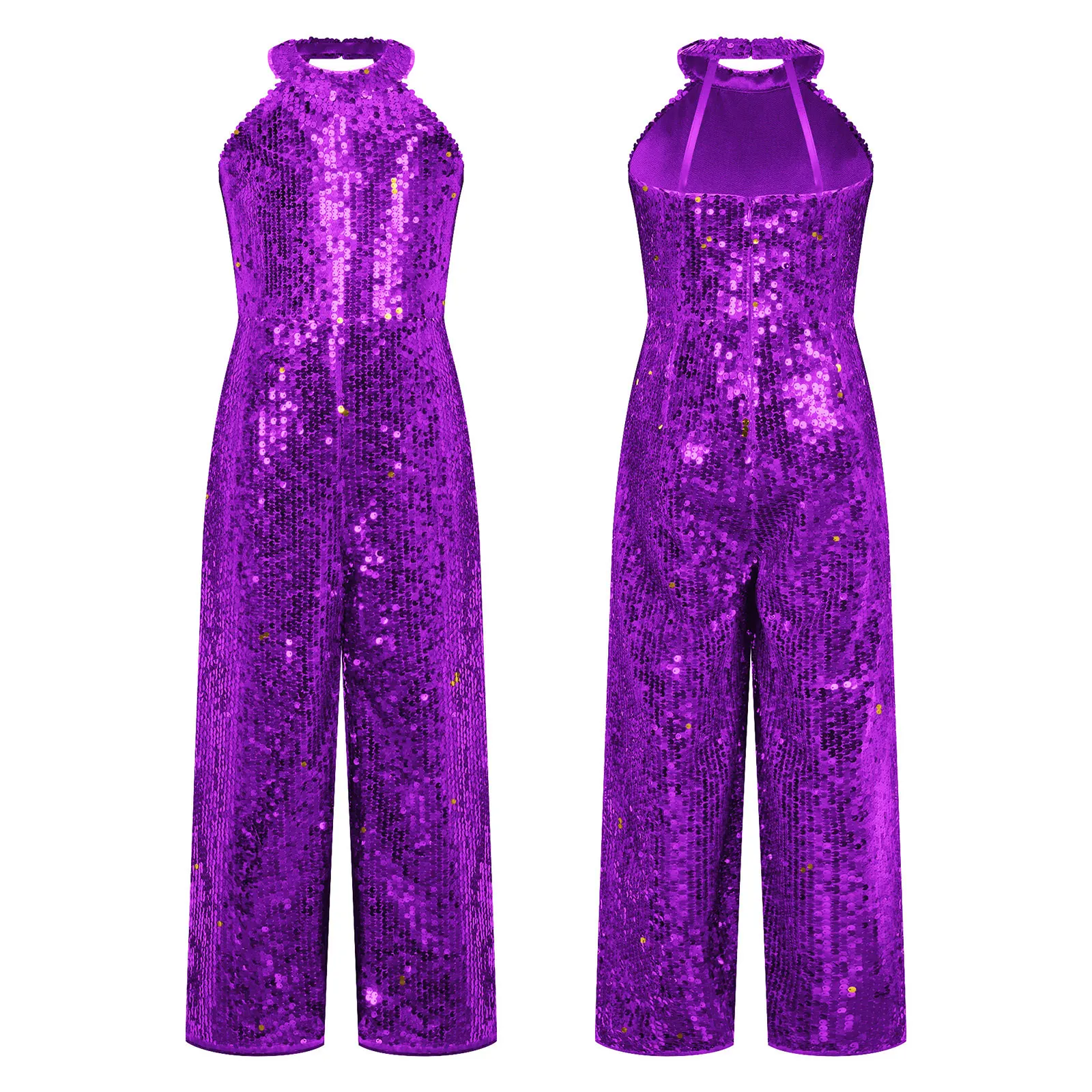 thumbnail image 1 of Traje de baile de Jazz con lentejuelas brillantes para niñas, pelele para desfile, cuello Halter, espalda con tiras, pantalones de pierna ancha sin mangas, mono de una pieza, 1 of 5