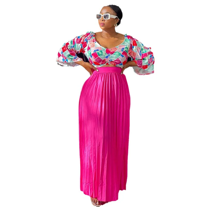Pleated Dress Crop Tops 2 Piece Skirt Sets Long Sleeve Stretchy Tops 2023 Fall Women Sexy Party Club Dress 2 Piece Set Outfit