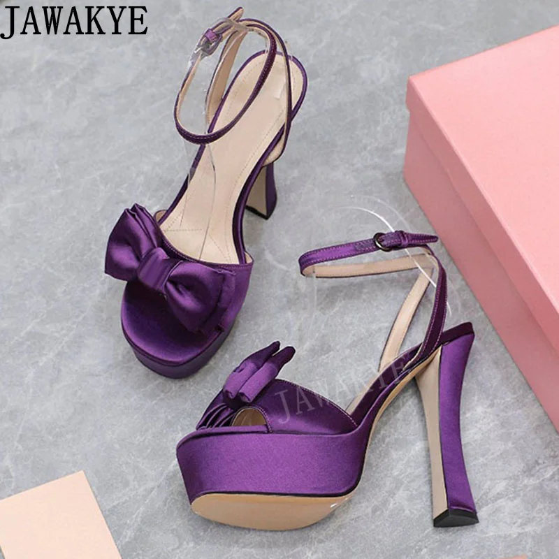 

JAWAKYE High Heel Platform Sandals Designer Party Shoes Chunky Heel Bowtie-Knot Purple Satin Ladies Dress Shoes Summer Sandals
