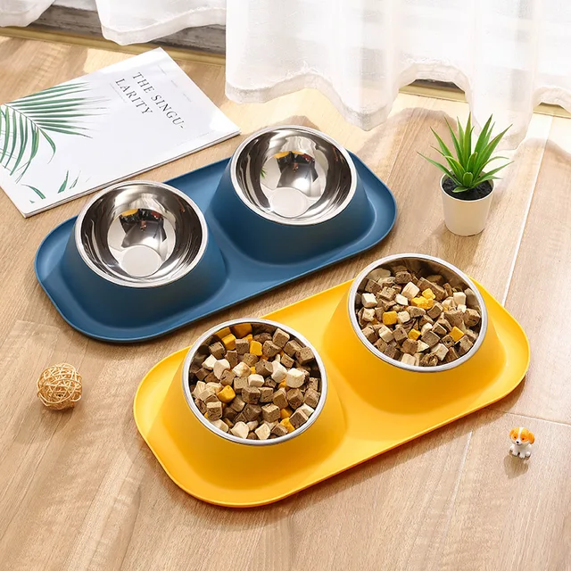 1pc Stainless Steel Double Cat Dog Bowl Cat Food Container Non-slip Base Pet Water Feeder Tilt Safeguard Neck Puppy Cats Bowls 2