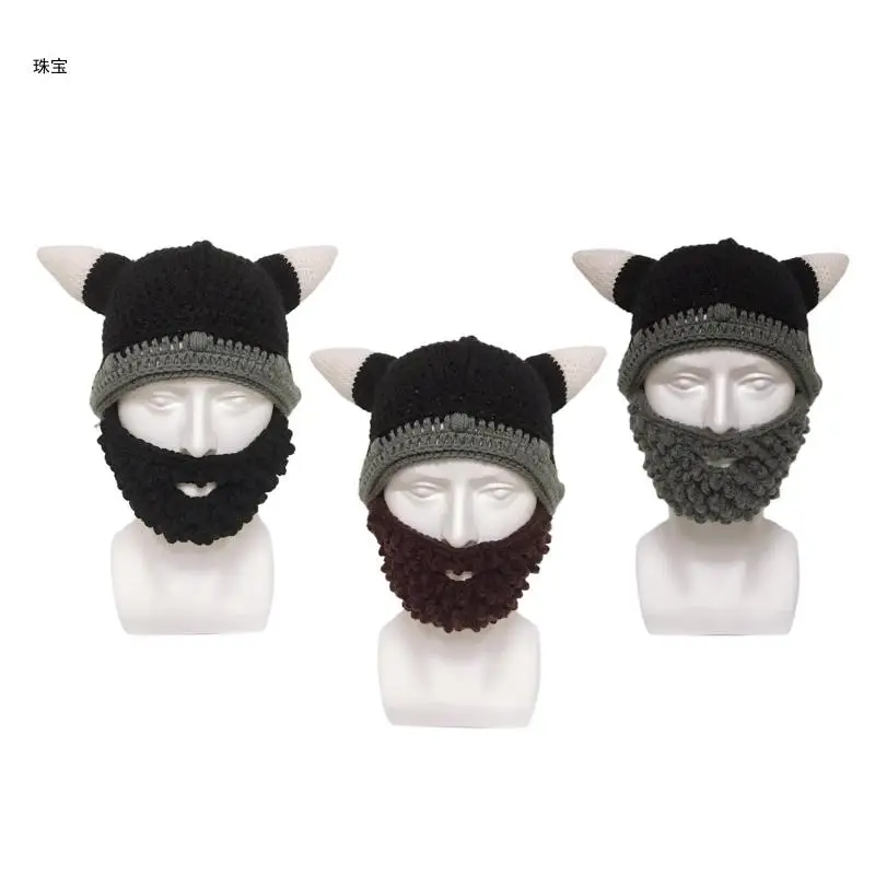 

X5QE Beard Horn Hat Beard Removable Knitted Hat Ear for Protection for Spring Fall Wi