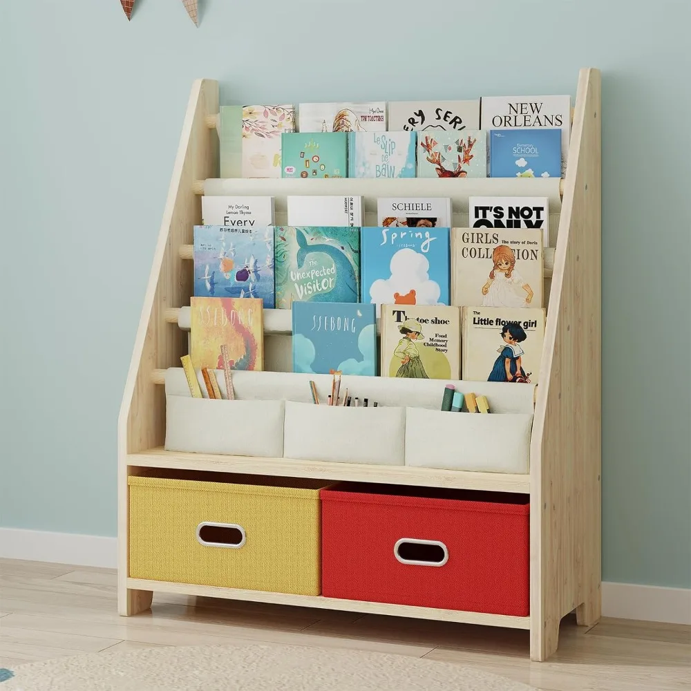 子供用4段木製棚、おもちゃ収納オーガナイザー付き本棚