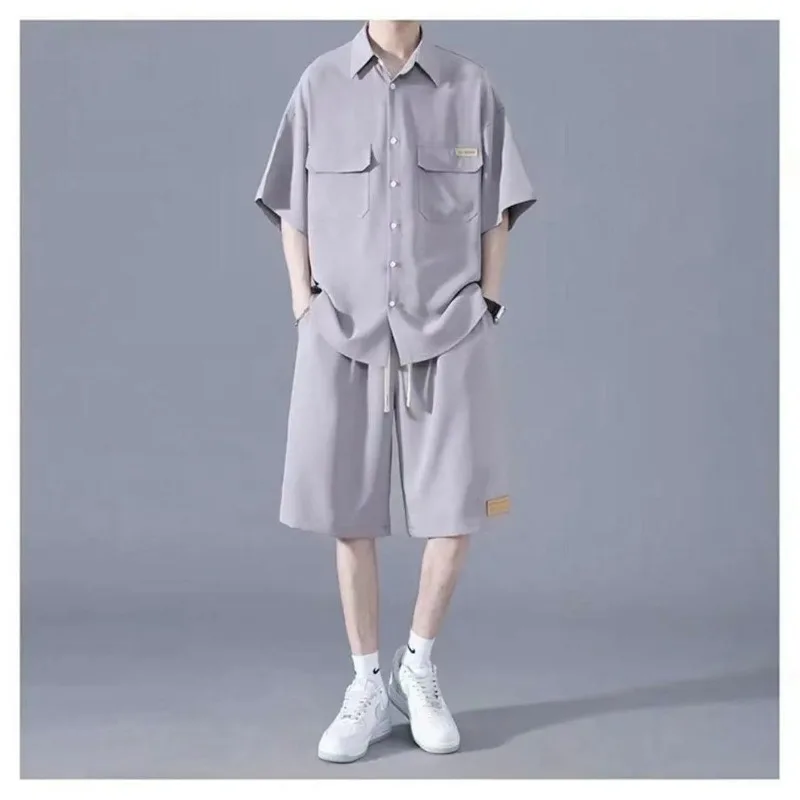 Spring Summer Fashion Short Sleeve Popularity Men's Clothing Korean Style Casual All Match Loose Rope Hombre Solid Sport Sets