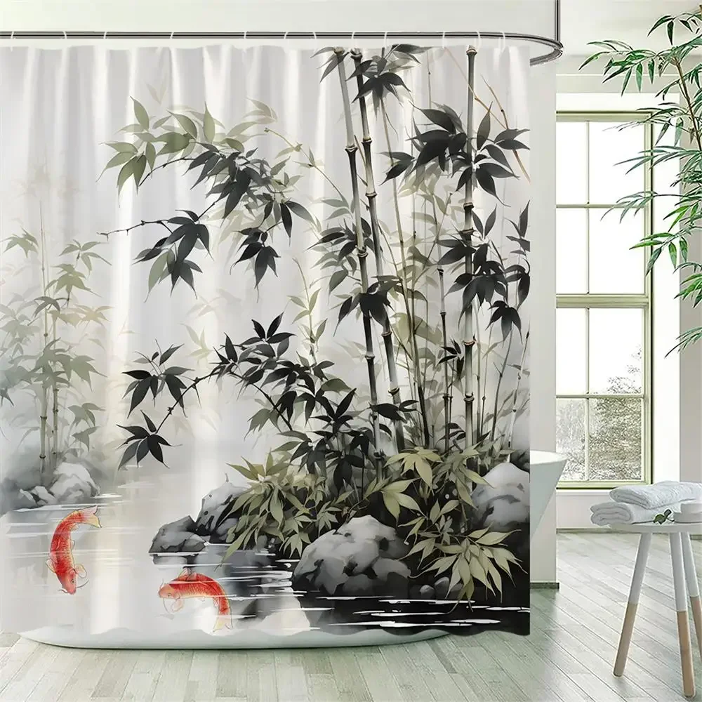 Japanese Style Shower Curtains Green Bamboo Koi Carp Tropical Cactus Mountain Water Landscape Fabric Bathroom Decor with Hooks 3