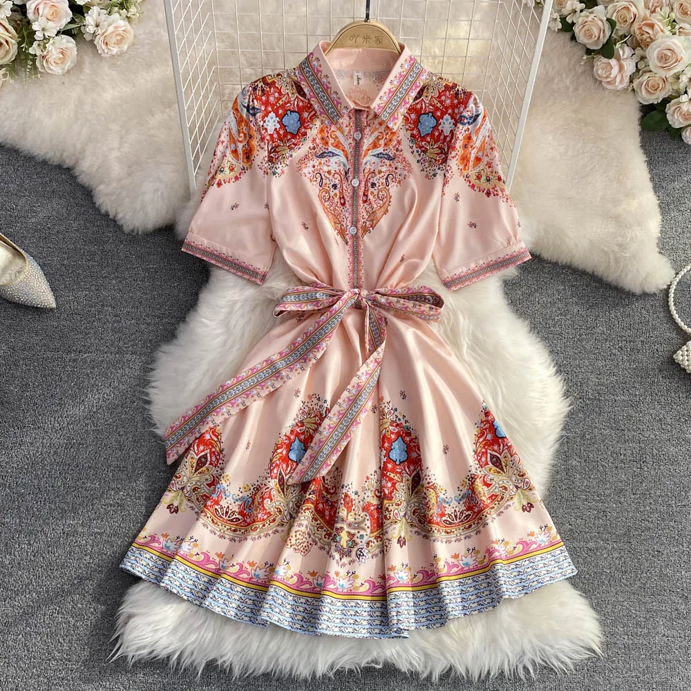 

2022 Summer Retro Palace Style Lapel Single-breasted Waist Bow Positioning Printing A-line Large Swing Dress