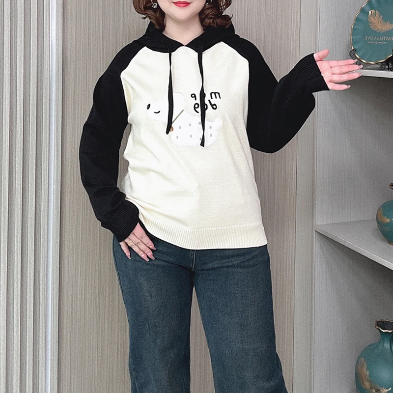 Women's Embroidered Dog Hooded Sweater, Loose Soft Knitted Pullovers, Plus Size Jumpers, Block Color Raglan Sleeves