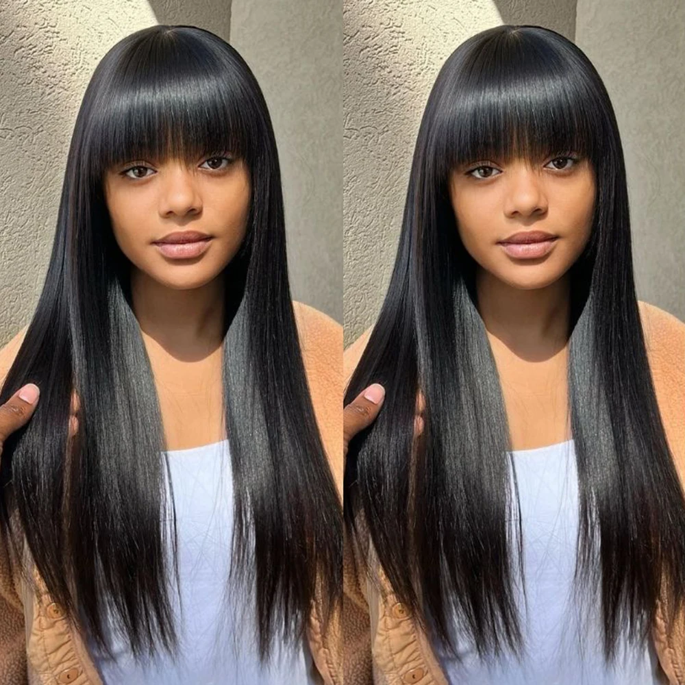 

Straight Human Hair Wigs With Bang Full Machine Made Wigs 8-34inch Natural Color Glueless Peruvian Remy Human Hair Wigs