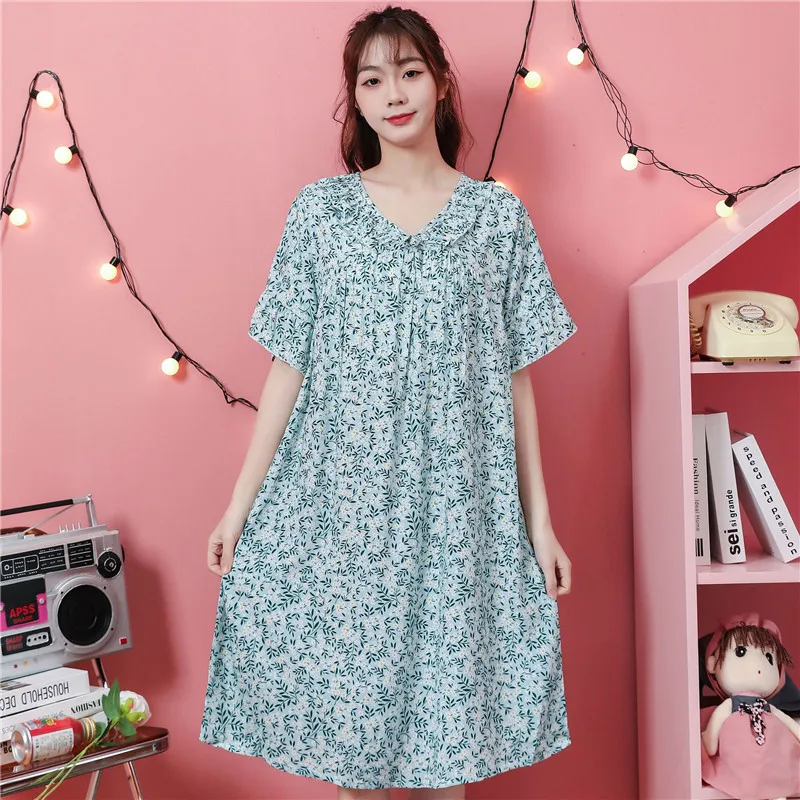 Loose Comfortable Sleepwear Cotton Rayon Night Dress Women New Casual Printed Nightgowns Female Summer Home Wear Nightshirt