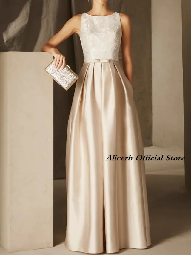 

A-Line Elegant Wedding Guest Formal Evening Dress Jewel Neck Sleeveless Floor Length Satin With Sash Ribbon Robe De Soiree