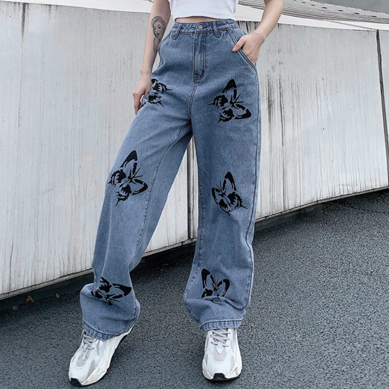 

Loose Butterfly Print Jeans Women Casual Straight-leg High Waist Trousers Female Daily All-match Pant