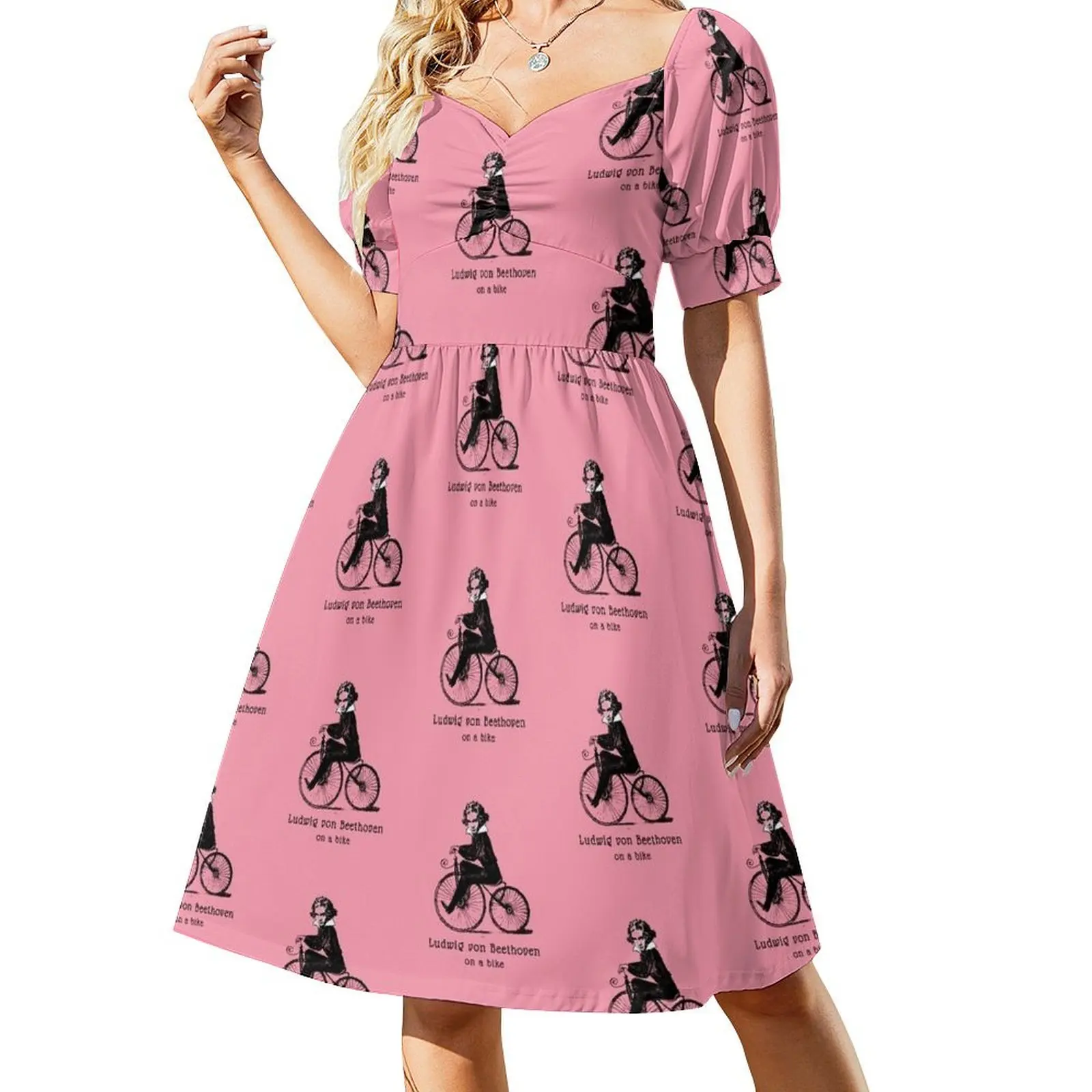 thumbnail image 1 of Vestido de manga corta de Beethoven en bicicleta Vestidos de cumpleaños para mujer Ropa de mujer, 1 of 7
