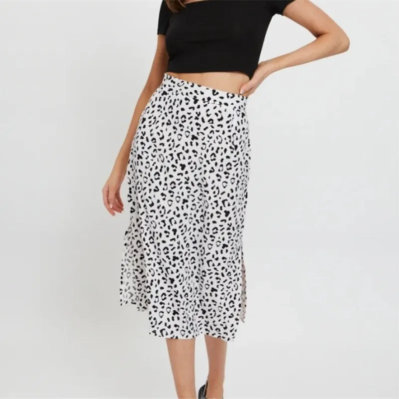 2021 Spring  Summer Cross Border Women's Leopard Chiffon Printed Split Skirt  Sexy Zipper High Waist Mid Length Skirt White purple skirt