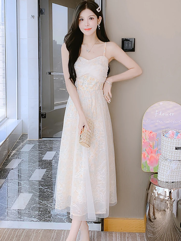 

2024 New Mesh Floral Chic Sling Long Dress Summer Elegant Casual Ruffled Beach Sundress Women Korean Bodycon Party Evening Dress