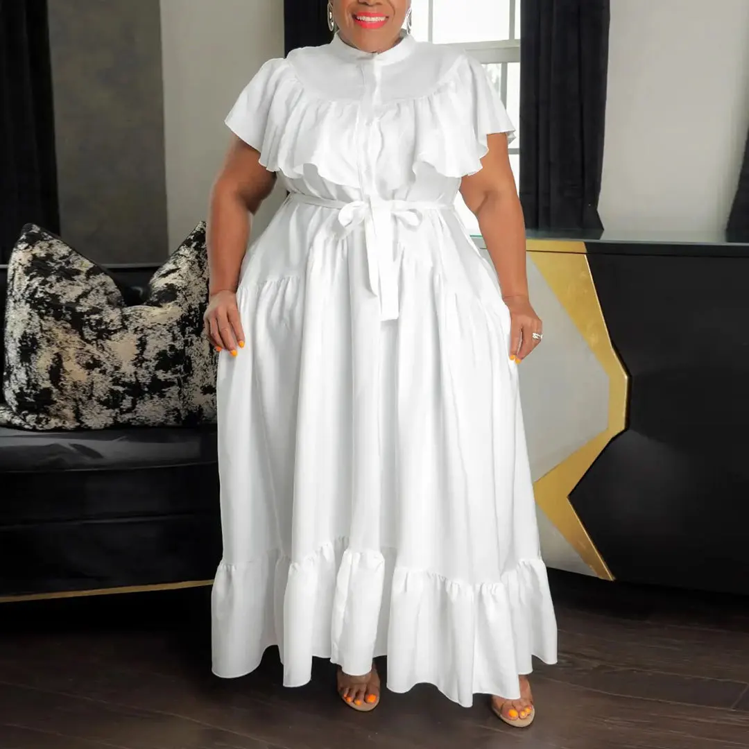 

Plus Size Loose New In Dress Button Belt Fashion Elegant Outfit Summer Casual Luxury Gown Spring Women Evening Party 5xl Dress