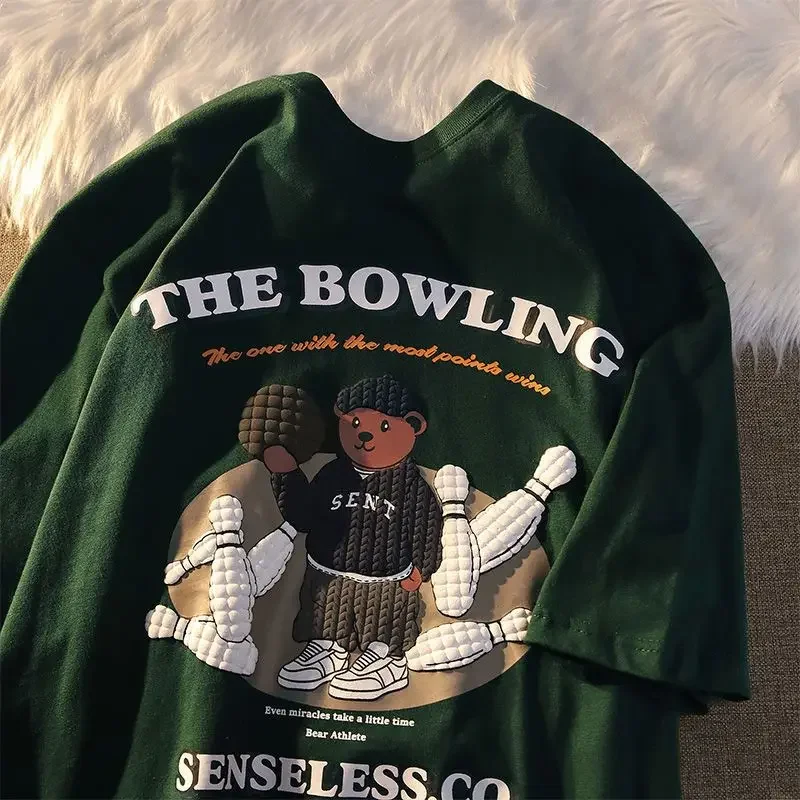 Männer und Frauen Kurzarm T-Shirt Rundhals hemd Lustiges Bowling Bear American Loose Lässiges Paar Halb Ärmel Sommer